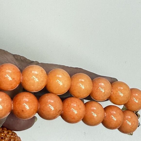 WA/YM Natural Stone Covered Beaded Orange Coral Colored Statement Necklace - Picture 4 of 9